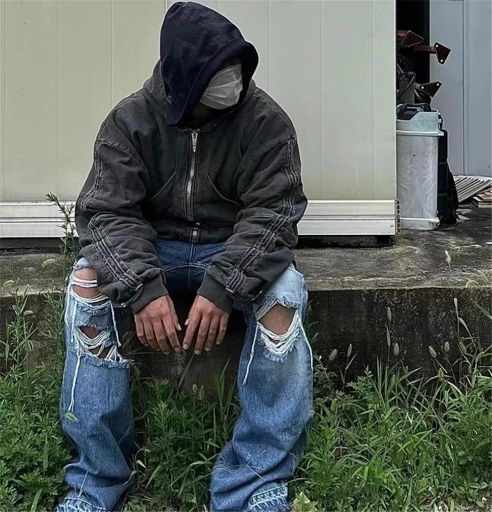 vintage ripped flared jeans blue straight baggy jeans trousers streetwear luxury loose casual distressed denim pants male unique jeans style 597
