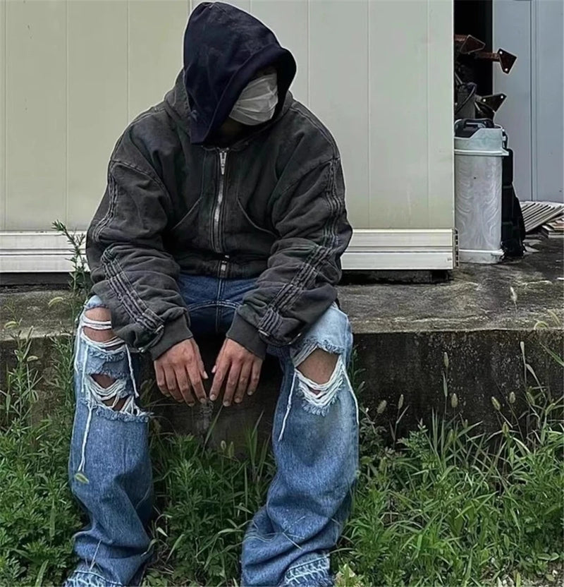 vintage ripped flared jeans blue straight baggy jeans trousers streetwear luxury loose casual distressed denim pants male unique jeans style 597