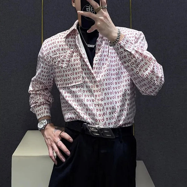Mens Shirt Love Print Casual Shirt Autumn American Retro Light Streetwear Versatile Campus Long-Sleeve Top Men'S Clothing 2024