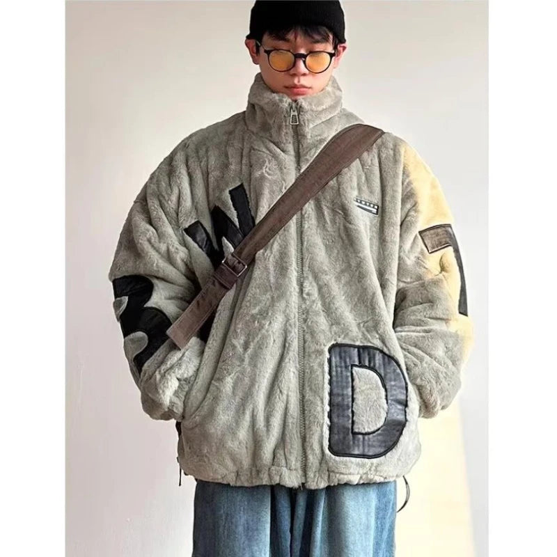 Street Lamb Wool Jacket Mens 2024 Winter Stand Collar Letter Patchwork College Parkas Fleece Warm New Thickening Couple Coats