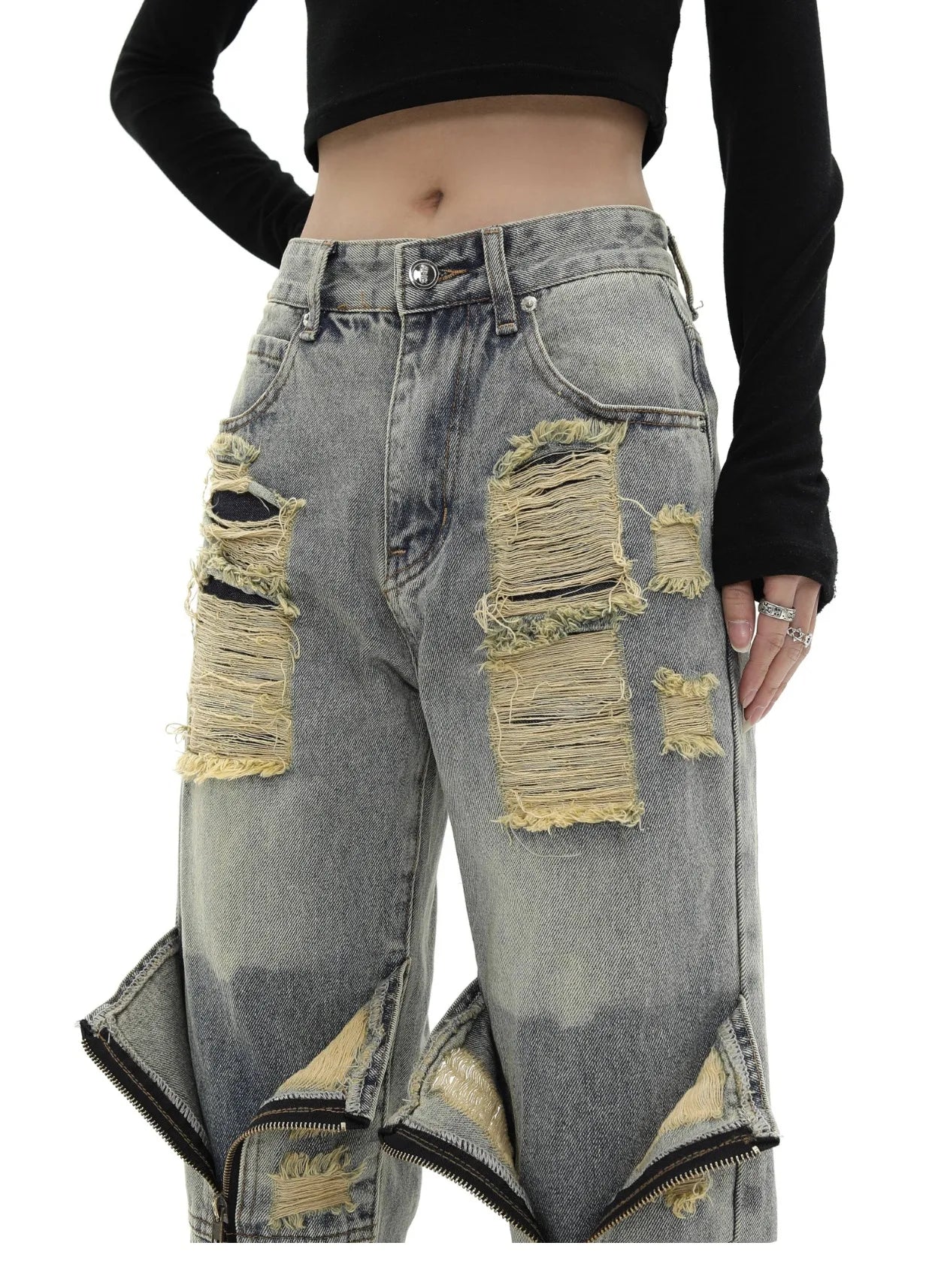 high street zipper open decoration biker jeans women ripped denim straight jean pant men motorcycle trouser unisex hip hop pants unique jeans style 3655