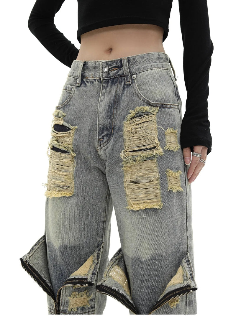 high street zipper open decoration biker jeans women ripped denim straight jean pant men motorcycle trouser unisex hip hop pants unique jeans style 3655
