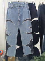 letter embroidery pu leaher patchwork baggy y2k jeans mens streetwear straight oversized denim trousers unisex cargo pants unique cargo style 41