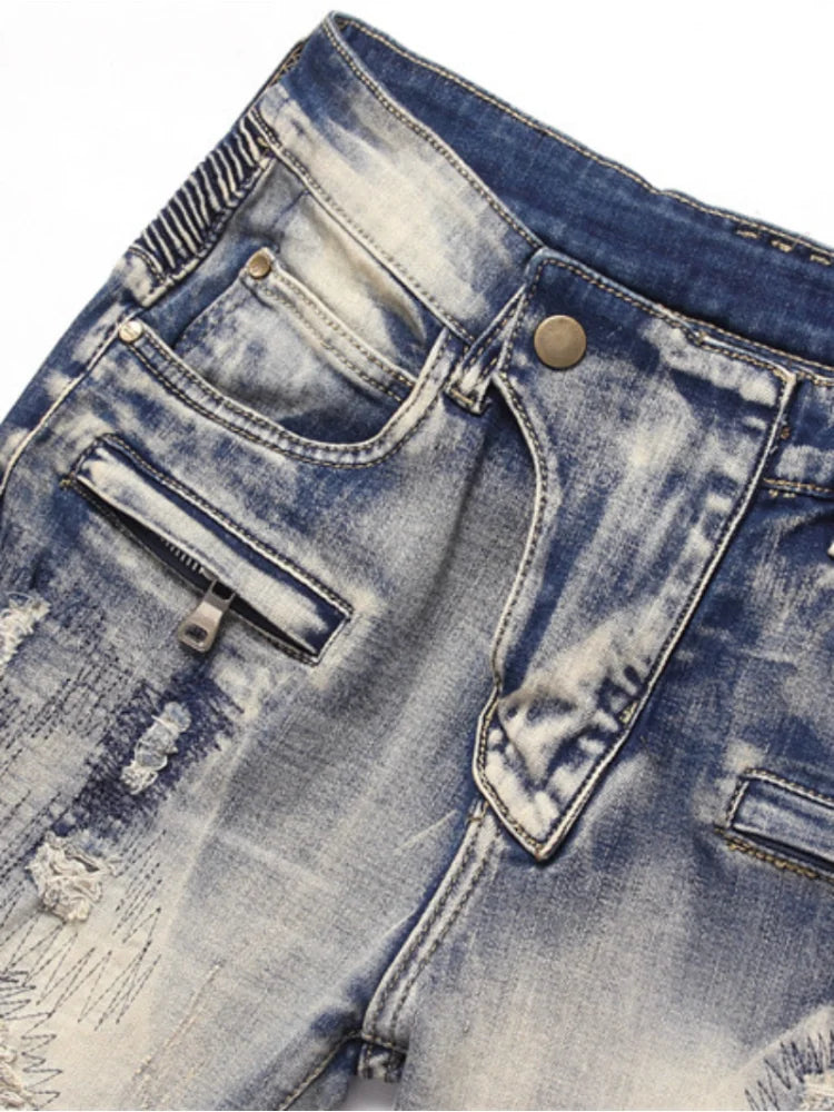 distressed washed pleated denim jean pants new fashion biker jeans streetwear casual slim pants jogger y2k mens skinny joggers streetwear sweatpants