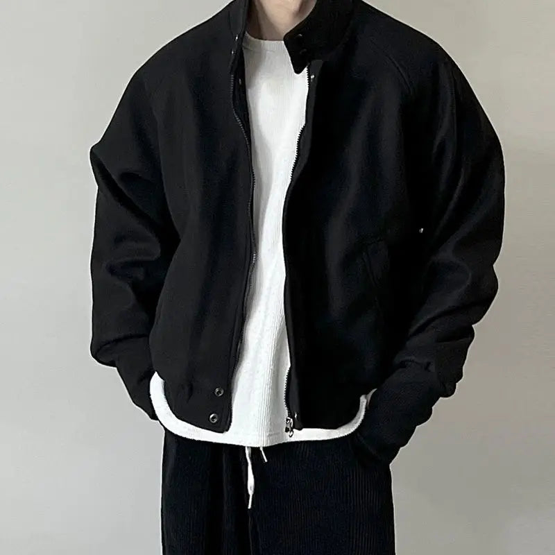 Autumn and Winter Korean Grey Stand Up Collar Jacket for Men's Trendy Ins Loose and Versatile Design Y2K Zipper Short Coat