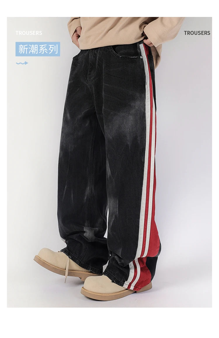 men streetwear fashion side splice hip hop loose casual wide leg straight baggy jeans pant cityboy jeans pants trousers unique jeans style 2617
