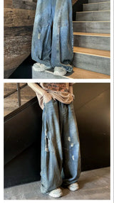 american style dirty and torn hole design straight leg wide leg jeans for men and women high street loose street casual pants unique jeans style 664