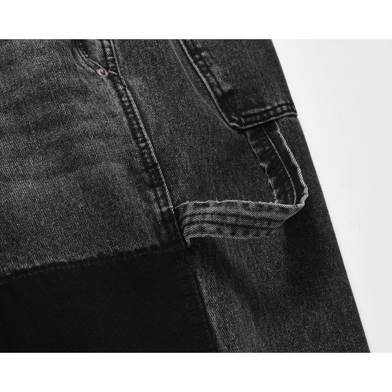 patchwork graffiti black straight denim pants mens vintage patches stitching ink splashed jeans y2k logging cargo pants for male multi-pocket cargos