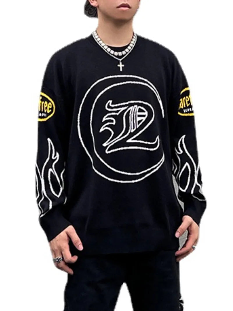hip hop knitted sweater men letter fire pattern o neck pullover streetwear casual loose sweater unisex harajuku jumpers knitwear trendy hip hop style outerwear, streetwear fashion hoodie, oversized graphic print design