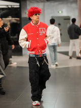 Bold Graphic Varsity Coat with Leather Sleeves – Retro Style
