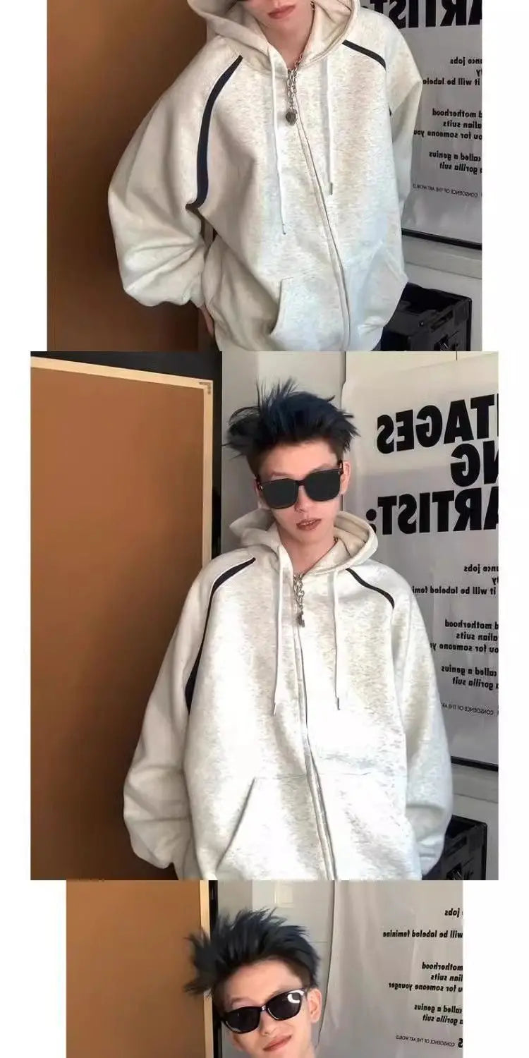 Trendy Cool Korean Hooded Jacket Men Ins Trendy High Street Cardigan Sweatshirt Spring Autumn Y2K