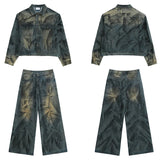 2 pieces sets mens fashion dirty graffiti wide shouder denim jeans jacket coat and wide legs pants joggers new streetwear sets unique joggers style 4571