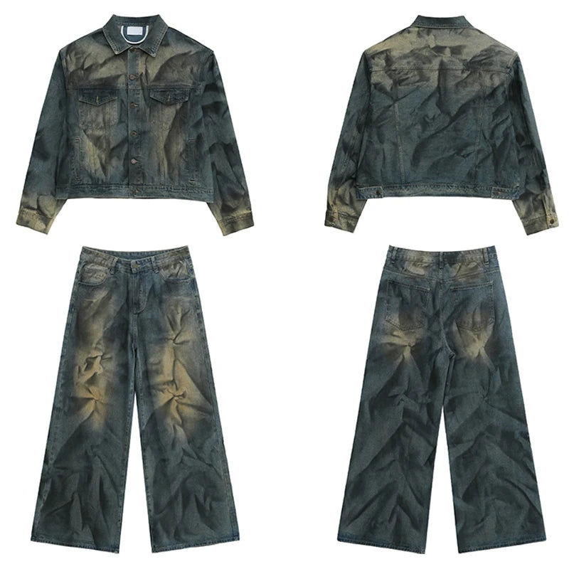 2 pieces sets mens fashion dirty graffiti wide shouder denim jeans jacket coat and wide legs pants joggers new streetwear sets unique joggers style 4571