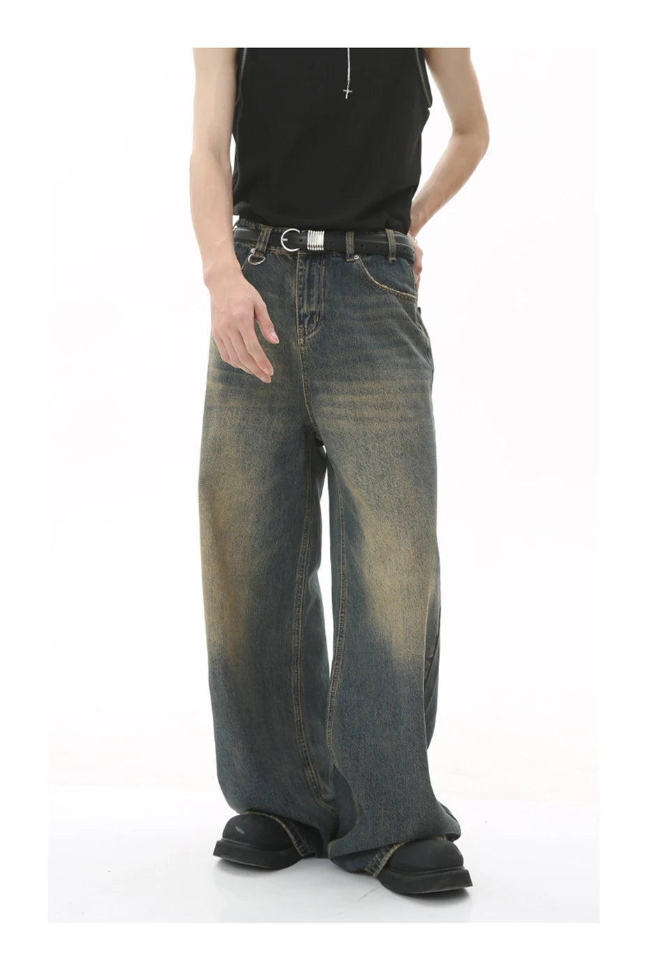mens vintage blue baggy jeans male black loose straight denim pants y2k casual jeans trousers unique jeans style 163