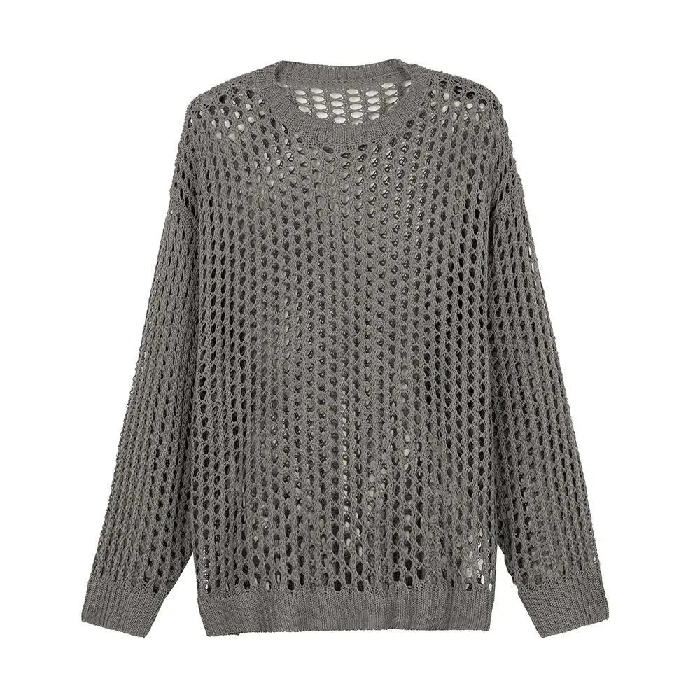 Casual Pullovers Hollow Out Outfits Fishnet Smock Tops Men Fashion Loose Long Sleeve See-though Knit Shirts Y2k Sexy Holes Shirt
