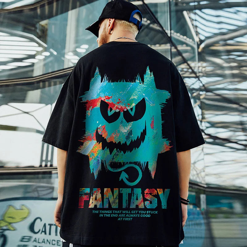 Skatercore Chrome print – Harajuku Devil Graffiti Print Oversized Tee Shirts Men Summer