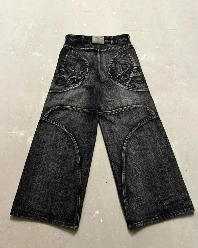 y2k baggy jeans women hip hop goth retro high waisted jeans black slouchy oversized embroidery pattern denim pants streetwear unique jeans style 606