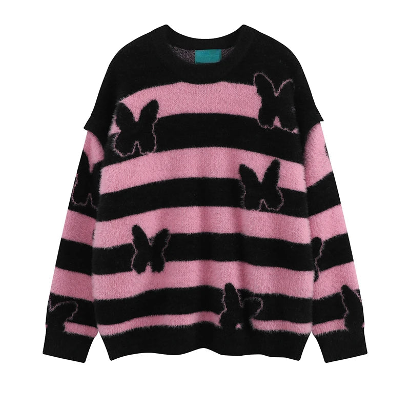 fashion striped sweaters women casual botton open sleeves butterfly knitted streetwear y2k warm furry o neck pullover knitwear - bold artwork streetwear hoodie, urban fashion pullover, 2025 streetwear drop