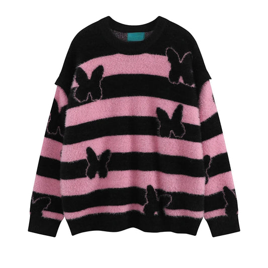 fashion striped sweaters women casual botton open sleeves butterfly knitted streetwear y2k warm furry o neck pullover knitwear - bold artwork streetwear hoodie, urban fashion pullover, 2025 streetwear drop