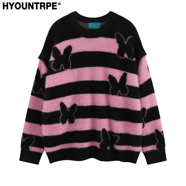 fashion striped sweaters women casual botton open sleeves butterfly knitted streetwear y2k warm furry o neck pullover knitwear - bold artwork streetwear hoodie, urban fashion pullover, 2025 streetwear drop