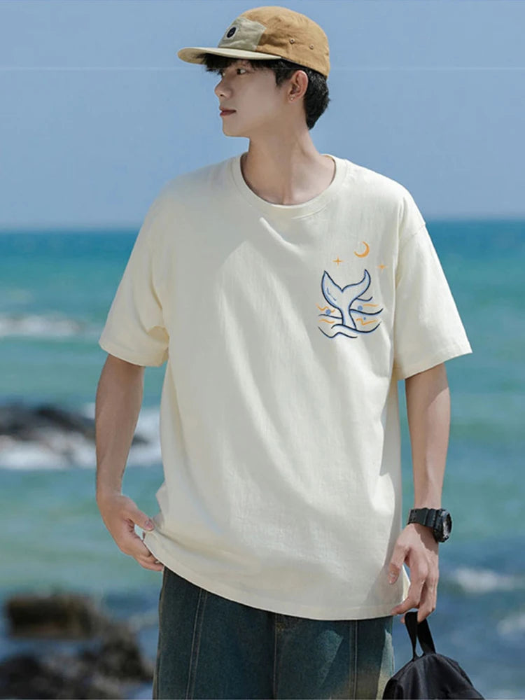 Skatercore Vintage anime – Kawaii Whale Tail Print T Shirt Men Hip Hop Fashion Cotton G