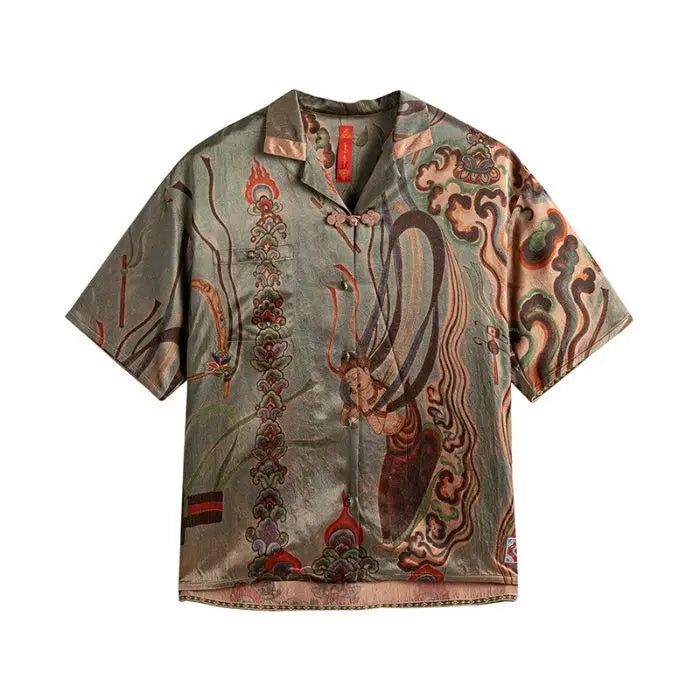 Dunhuang Feitian new Chinese style national trend printed casual short-sleeved shirt 2024 young men and women trendy retro tops