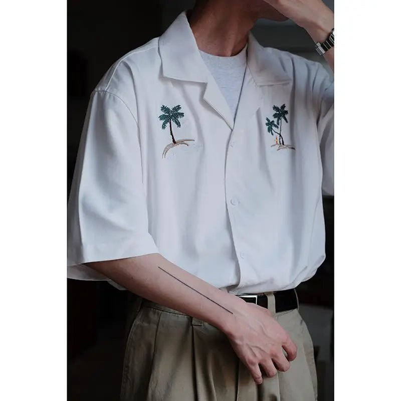 Summer Japanese loose shirt men s coconut tree national trend uban collar ins beach shirt retro trendy brand top shirts for men