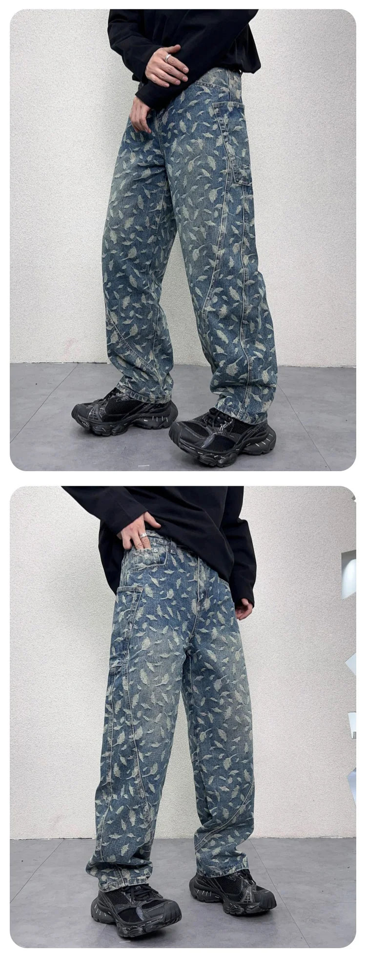 men jacquard loose casual hip hop vibe splice pocket denim baggy jeans pants man streetwear ripped jeans trousers boyfriend unique jeans style 3142