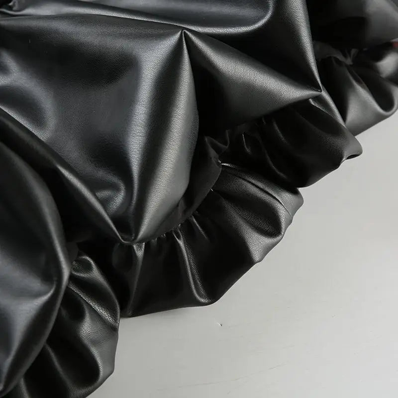 IAMHOTTY European and American Puff Flower Bud Leather Skirt Fashion Solid Color Versatile Leather Short Skirt  y2k skirt