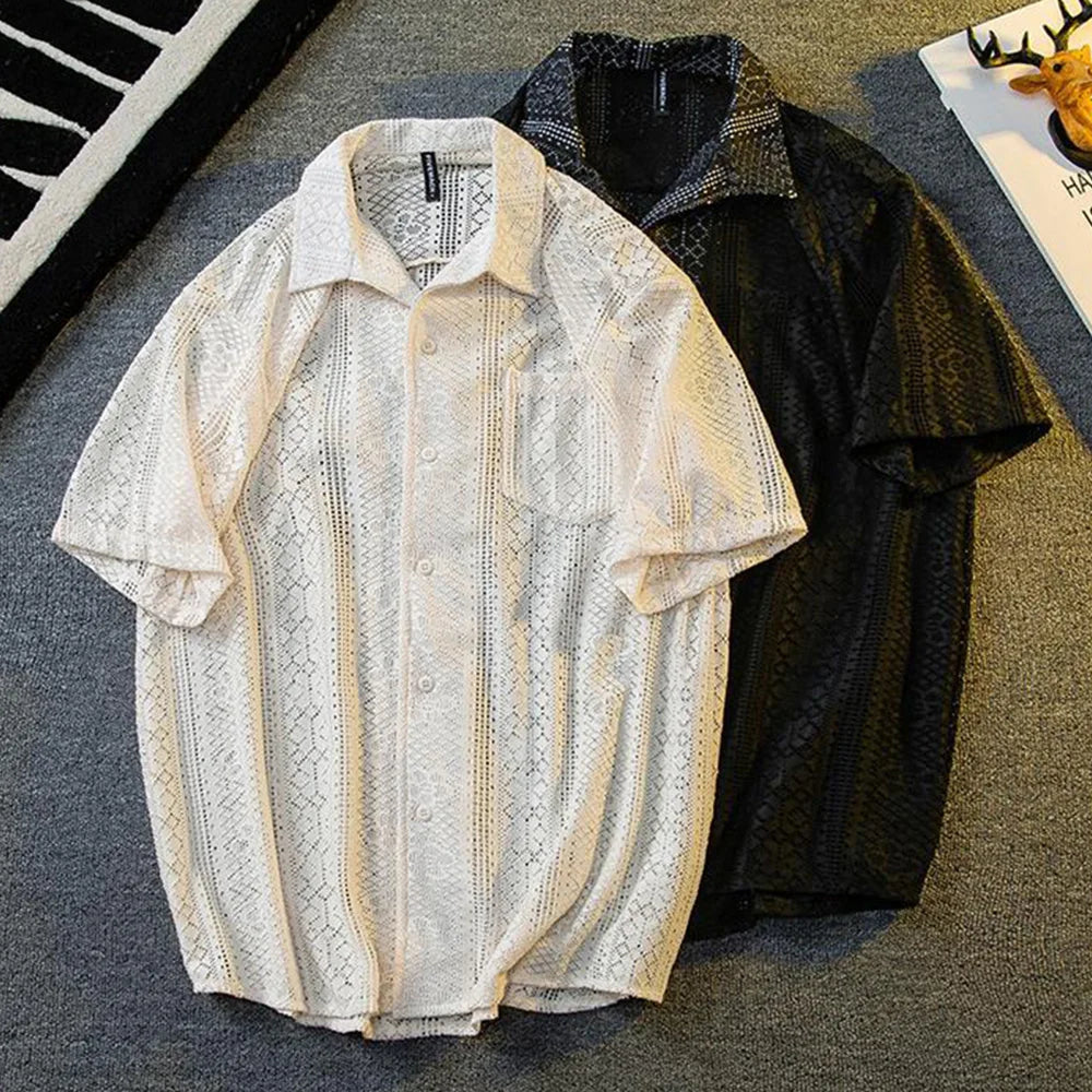 Mens Hollow Lace Elegant Short Sleeve Lazy Style Casual Breathable Personality Hollow Design Thin Shirt Unisex 2024 Summer New