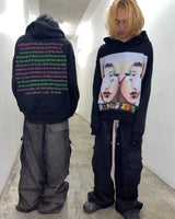 Y2K American Street Fashion Anime Letter Graffiti Print Oversized Hood