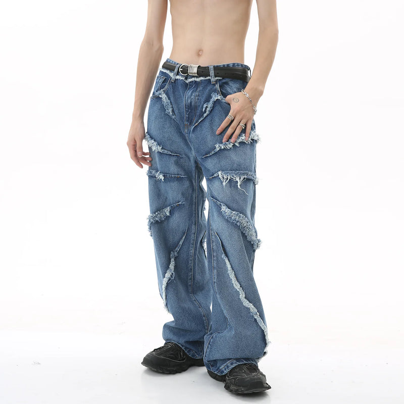 2023 european and american mens jeans new products personality trend hip hop fringed loose wide leg denim trousers denim street jeans