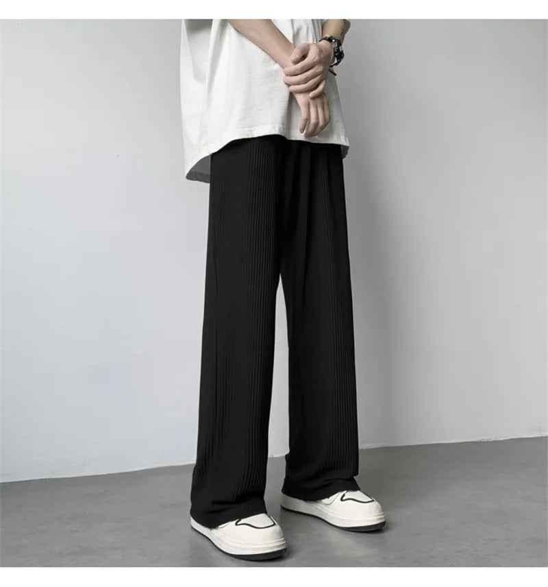 summer texture straight pants for men korean fashion baggy wide leg trousers casual drape pleated striped y2k pantalones hombre unique default style 503