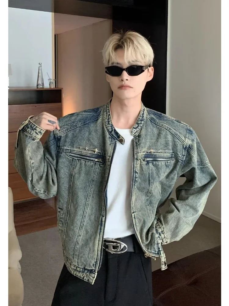 Mens Denim Jackets American Style High Street Zippers Coat Vintage Was