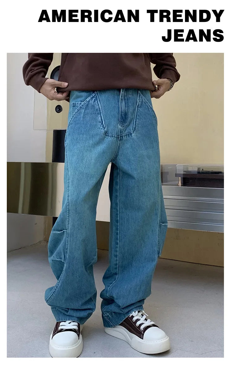 cityboy splice fashion brand jeans men streetwear hip hop vibe loose casual straight washed denim baggy jeans pant man trousers unique jeans style 2660