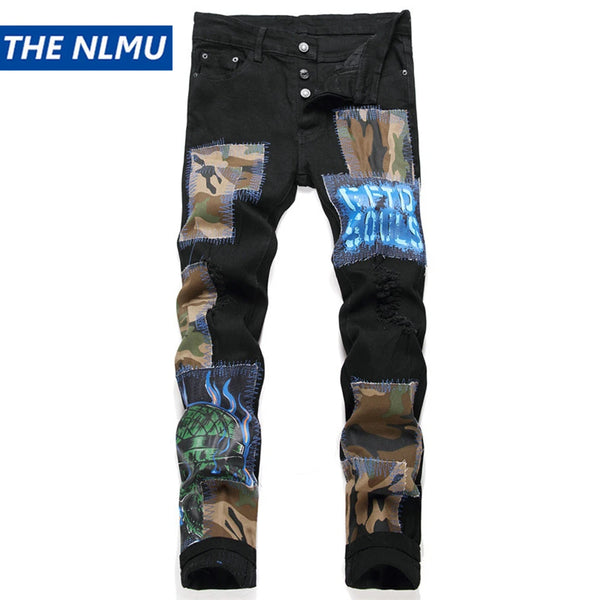 fashion ripped patchwork jeans men harajuku streetwear hip hop black jeans trend slim denim pants stacked flare jeans