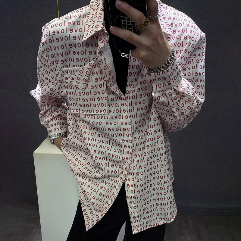 Mens Shirt Love Print Casual Shirt Autumn American Retro Light Streetwear Versatile Campus Long-Sleeve Top Men'S Clothing 2024