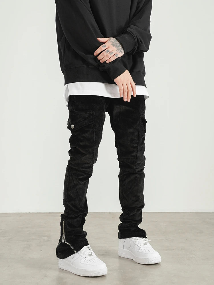 mens corduroy cargo pants new casual hip hop side pockets skinny trousers streetwear bottom zipper fashion slim fit pant joggers unique joggers style 4116