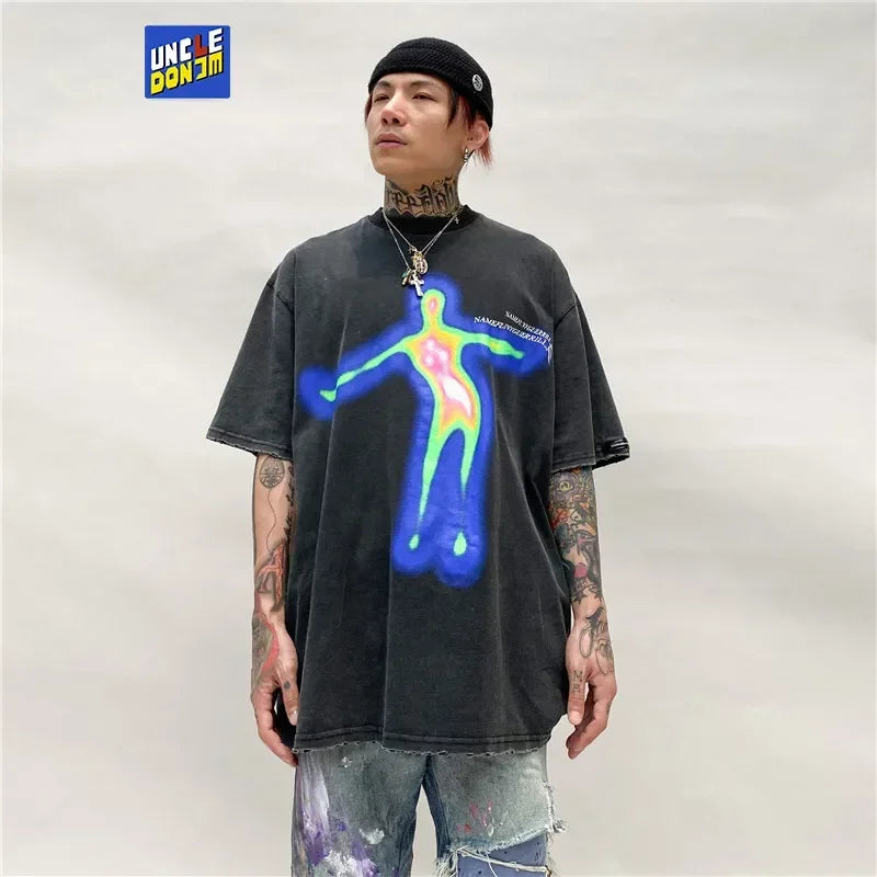 Vaporwave Aesthetic print tee – Distorted Portrait Printing Short Sleeved T Shirt Hip Hop Su