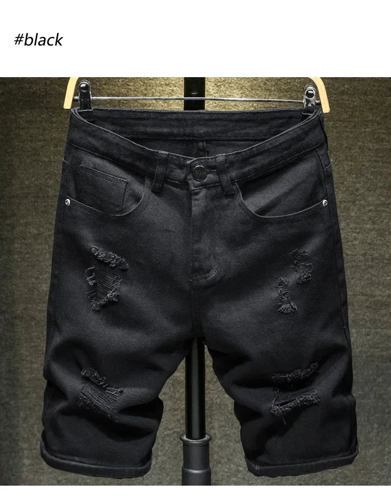new white jeans shorts men fashion ripped knee length pants simple casual slim hole denim shorts male streetwear unique jeans style 1185