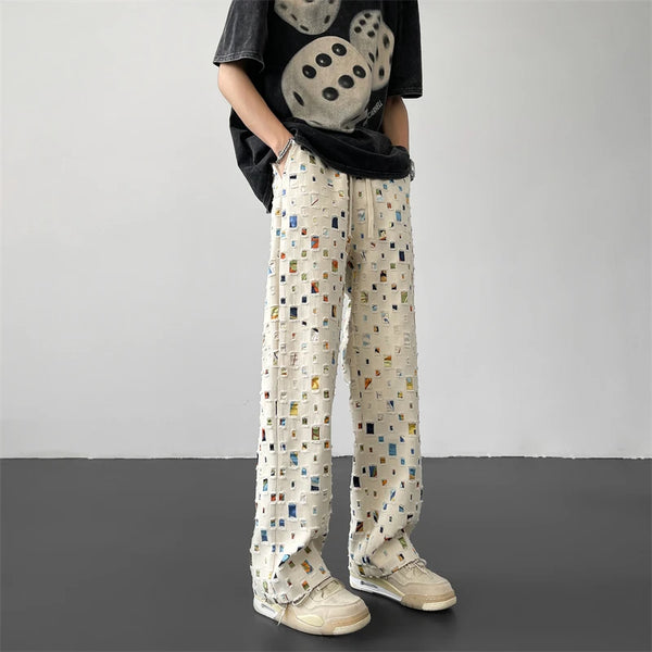 cotton casual pants men fashion retro colored plaid pants men streetwear hip hop loose hollow out pants mens hole trousers m 3xl clean everyday pants