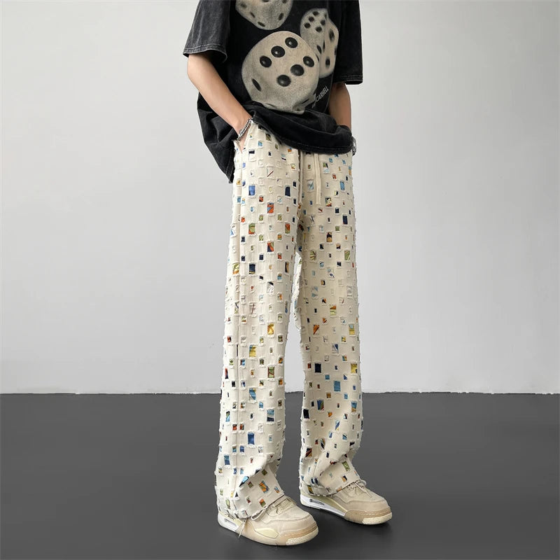 cotton casual pants men fashion retro colored plaid pants men streetwear hip hop loose hollow out pants mens hole trousers m 3xl clean everyday pants