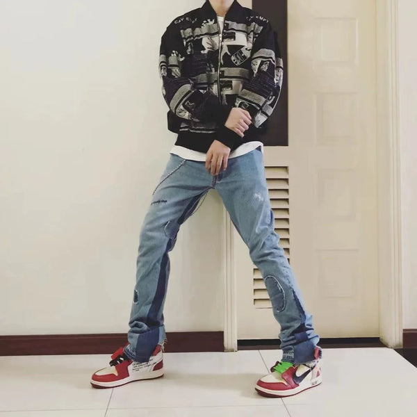 2024 european and american patchwork washed wide denim jeans y2k street wear splicing patches damaged flare pants jeans for men ripped baggy denim