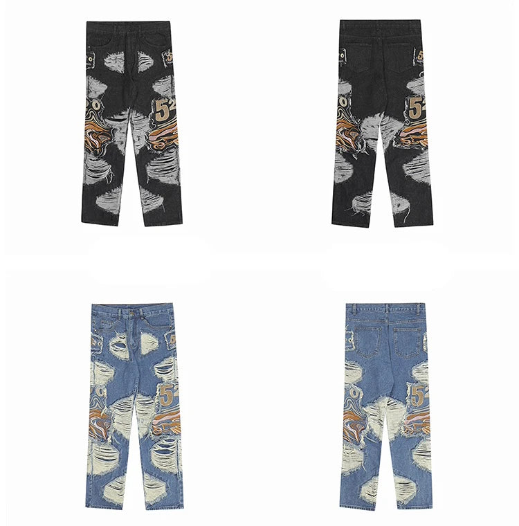 fashion embroidery destroyed ripped tassel holes denim jean pants mens casual loose straight jeans hip hop streetwear joggers unique joggers style 4352