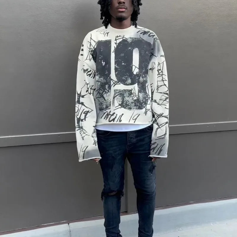 High Street Fashion Distressed Long-sleeved Pullover Men Y2k Harajuku Retro Hip-hop Rock Graffiti Style Oversized T-shirt Women