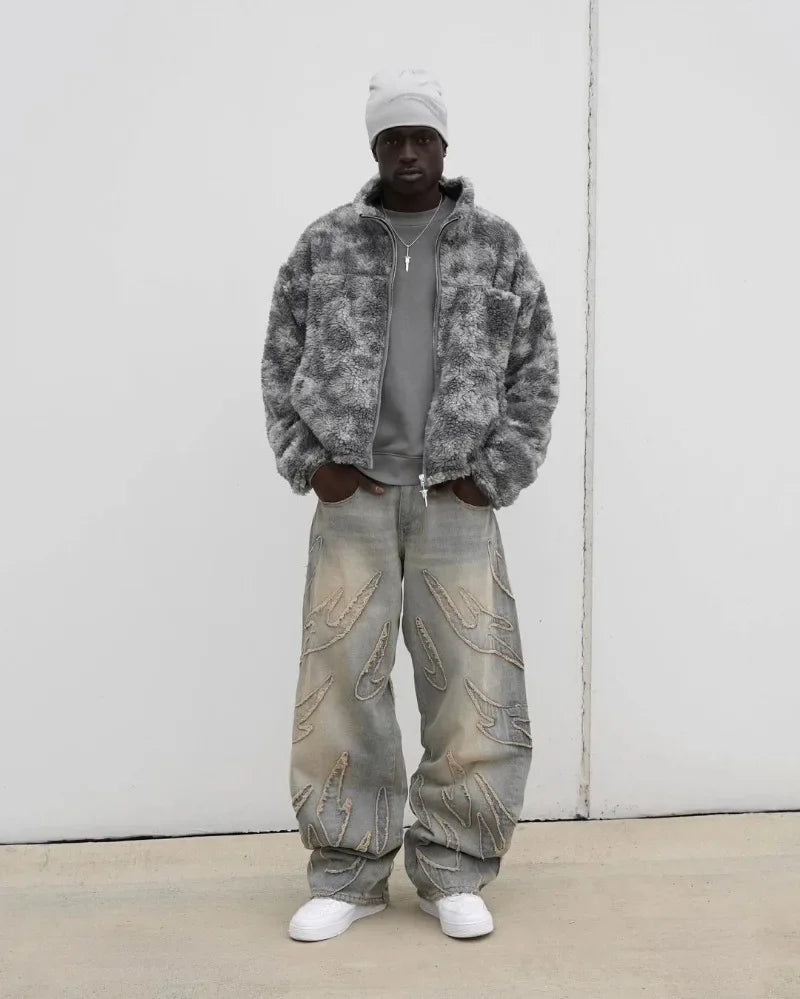 american gothic patchwork raw edge embroidered letter jeans mens street hip hop harajuku high waisted wide leg pants womens unique jeans style 1792