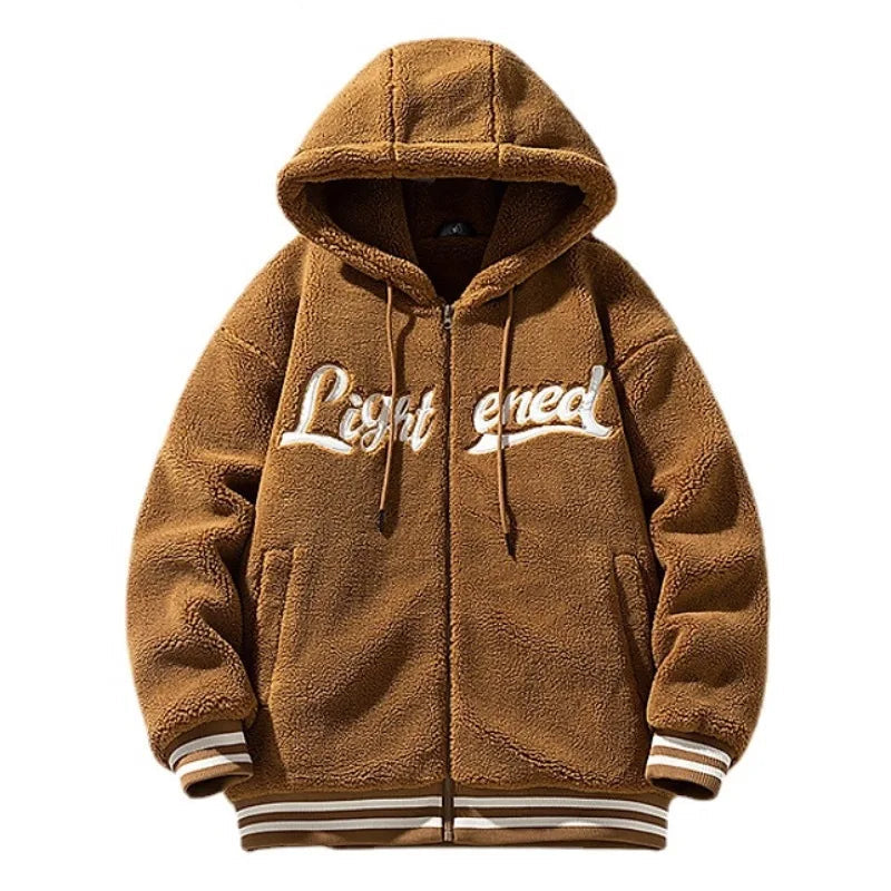 men fleece jackets and coats casual letter embroidery hairy zipper hooded outerwear warm streetwear parkas loose bomber jacke - variant style 80fc94 for streetwear fashion