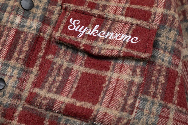 Autumn and Winter New Lattice Embroidery Woolen Jacket Shirt Japanese Retro Plaid Casual Loose Long Sleeved Jackets Coats