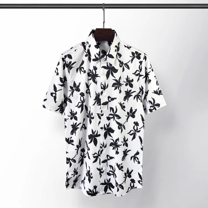 New 2021 luxury Men Classic Hibiscus Flowers Fashion 50% Silk Casual Shirts Shirt high quality Pocket Short sleeves #A48