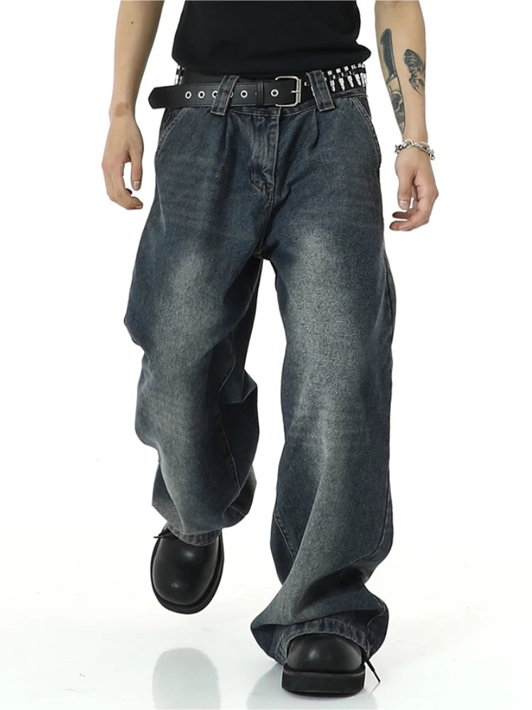 mens high street loose denim jeans unisex casual straight zipper jeans hip hop streetwear casual wide legs joggers baggy jeans casual joggers